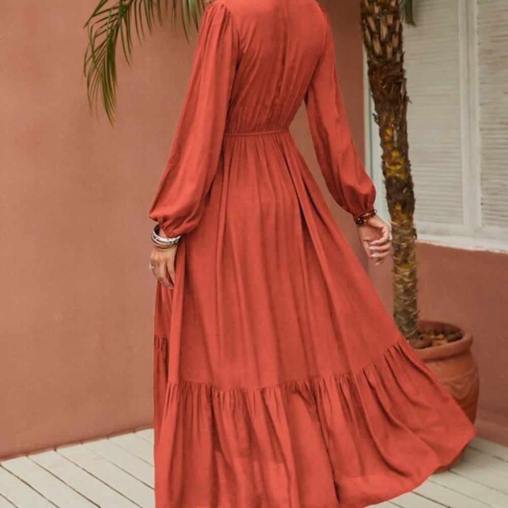burnt Orange Flower Embroidered Ruffle Hem Dress - Picture 6 of 7